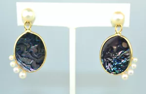 14K GELBGOLD PERLE & ABALONE 1,75 ZOLL LANGE OHRHÄNGER - Bild 1 von 4