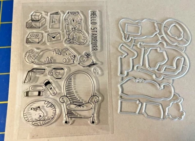 CLING STAMP DIE SET #SD-1121-Kitten,Cat-Hello Stampurr,toy mouse, chair,fishbowl - Imagem 1 de 4