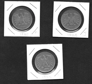 Germany Lot of 3x 5 Mark Circulated coins 1975, 1982, 1985 - Picture 1 of 2