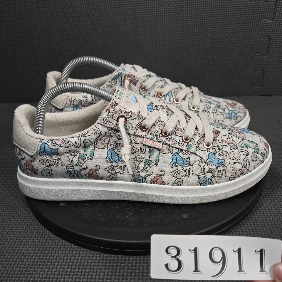 Skechers BOBS Shoes Womens Size 9.5 Beige Cat Print Lace Up Memory Foam 114677 - Image 1 of 4