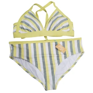 Kona Sol Bikini Womens 2X Yellow Two Piece Striped High Waist Swim Boho Neutral - Picture 1 of 8