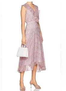 Saloni Rita floral dress S 100% silk midi pink ruffle chiffon v-neck beach boho - Picture 1 of 12