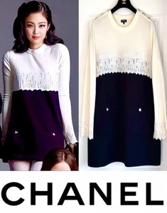 7K Chanel 2020 2021 White Black Tweed Dress 34 36 38 2 4 6 Gold Logo Button S M - Picture 1 of 23
