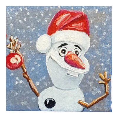 Funny Snowman Original Oil Painting Christmas Handmade Wall Art 4x4 in - Image 1 of 4