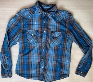 ARIZONA JEANS, MEN'S M, BLUE PLAID 100% COTTON WESTERN SNAP FRONT SHIRT, EUC - Picture 1 of 10