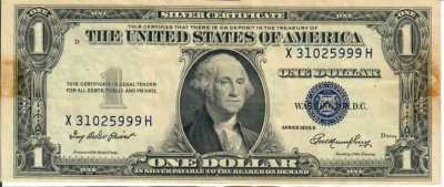 1935E 1$ Silver Certificate - Blue Seal, No Motto - IBP/GMH X31025999H - #13468 - Image 1 of 2