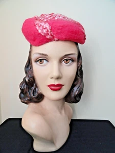 Vintage Ladies Hat 1950s Pink Straw Millinery Flower Netting Beautiful! - Picture 1 of 11