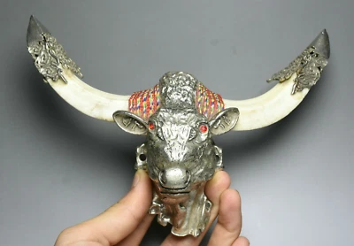 Antigua estatua cabeza de toro de ganado animal año zodiaco gema hueso plata Miao tibetano 19 cm Foto 1 de 4