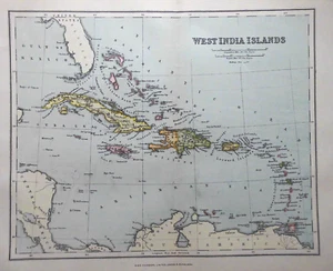 WEST INDIA ISLANDS; Vintage Colour Map (c1890) Indies, Cuba, Jamaica, Bahama, 13 - Picture 1 of 2