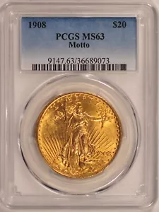 1908 Motto $20 Saint Gaudens Gold Double Eagle Coin PCGS MS63 MOTTO VARIETY - Picture 1 of 4