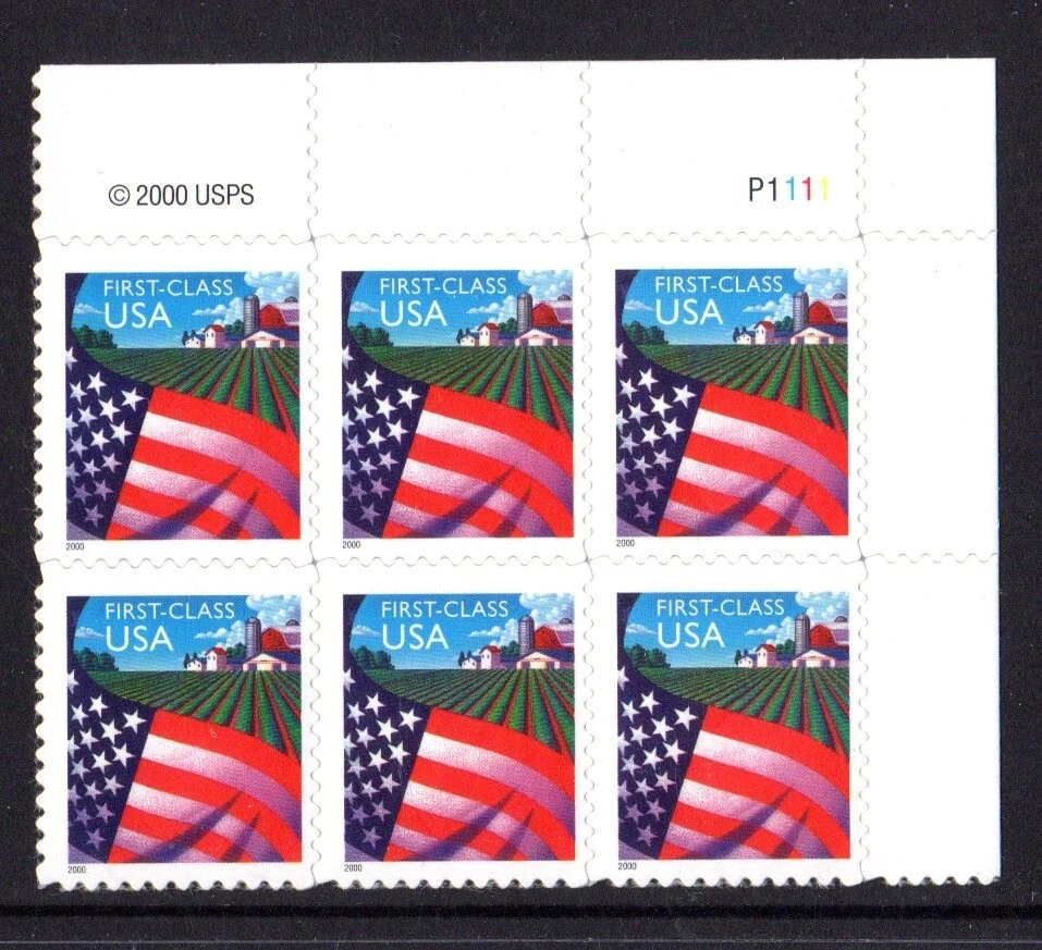 US Stamps: 2000 MNH Pl# Blk of 6 of the (34c) Flag over Farm stamp, #3449 - Image 1 of 1