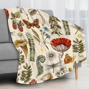 Green Leaf Blue Floral Red Mushroom Fall Throw Blanket for Couch Bed Sofa Office - Picture 1 of 6