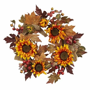 24" ARTIFICIAL SILK SUNFLOWER & BERRY AUTUMN DECOR FALL FLORAL WREATH - Picture 1 of 1
