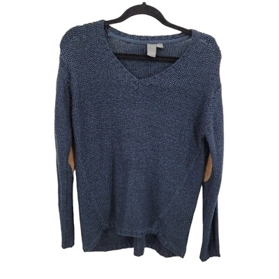 Quinn Mujer Medio Azul Punto Suéter Codo Parches Pullover Cuello en V Manga Larga Foto 1 de 4