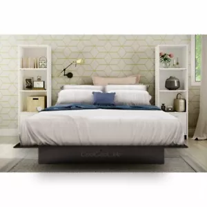 Full Black Platform Bed & White Bookcase Nightstands Set Home Bedroom Furniture - Picture 1 of 9