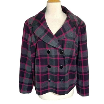 Worthington 1X black pink grey plaid double breasted coat - Image 1 of 4
