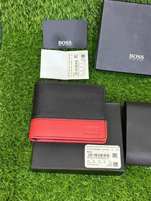 NEW HUGO BOSS MEN'S MADIAL RED AND BLACK LEATHER BIFOLD WALLET COIN POCKET - Image 1 of 4