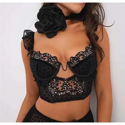 For Love & Lemons Caprice Bustier Bra 32D Black Velvet Dots Ruffle Sexy Coquette - Image 1 of 4