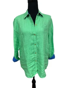 Lauren Ralph Lauren Damen Gr. Lg 100% Leinen Button Down Grün Blau Lg Logo - Bild 1 von 7