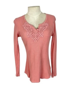 Top Henley Térmico Vintage Y2K con Encaje Crochet Talla Pequeña Color Melocotón Melón - Imagen 1 de 5