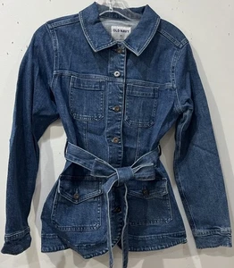 Giacca nuova con etichetta Old Navy denim cintura collo a punta XS tasche lavaggio scuro - Foto 1 di 5