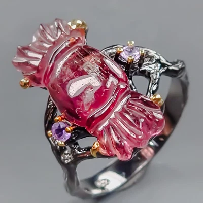 Jewelry gem 10 ct Natural Tourmaline Ring 925 Sterling Silver Size 8 /R434909 - Image 1 of 4