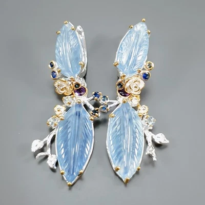 手工制作 33 克拉 + 天然海蓝宝石耳环 925 纯银 /E1299 — 第 1/4 张图片