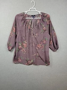 Chaps Purple Floral 3/4 Sleeve V Neck Popover Boho Blouse Women's Plus 2X - Picture 1 of 11