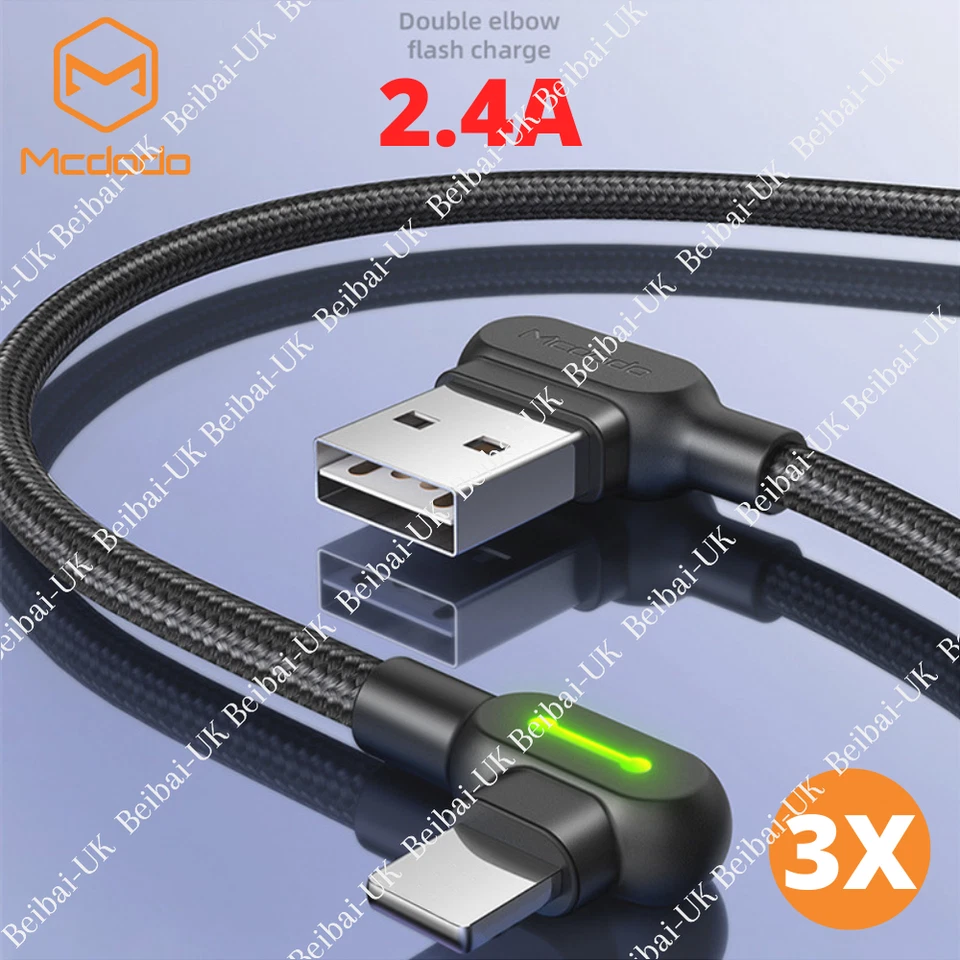 Mcdodo 3Pack 90 Degree Elbow USB Cable Charger Cord For iPhone 13 12 11 8 6 5 XR - Image 1 of 4