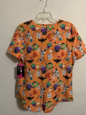WOMEN'S SCRUBSTAR HALLOWEEN PRINT V-NECK MEDICAL SCRUB TOP-MEDIUM-NWT! - Image 1 of 3