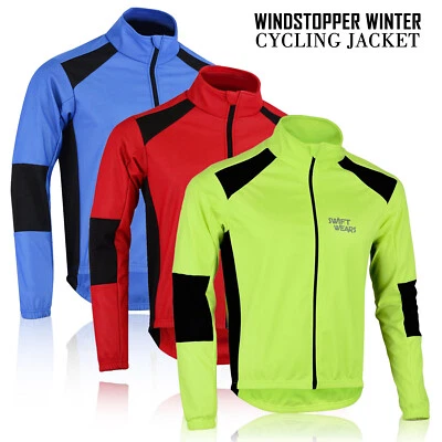 Cycling Jacket Winter Thermal Fleece Windproof Long Sleeve Bike Coat Mens Warm - Image 1 of 4