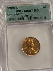 1960 D Lincoln Cent MS67RD Small Date ICG GRADED (164) - Picture 1 of 2