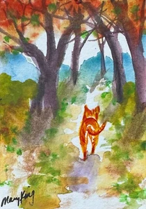 Watercolor ACEO 2.5" x 3.5" Original Painting - Ginger Cat at the Park - Picture 1 of 1