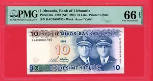 LITHUANIA 10 LITU 1993 KAC LOW # 0000795 PICK # 56a PMG 66 GEM UNC EPQ. - Picture 1 of 2
