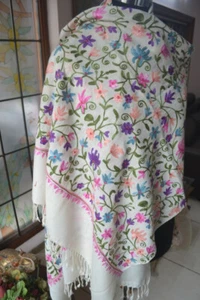 OFF-WHITE HAND EMBROIDERY CREWEL SHAWL 100% CASHMERE WRAP PASHMINA WOMEN'S SCARF - Picture 1 of 6