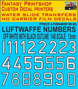 German Luftwaffe Code Numbers OFF WHITE - BLACK OUTLINE 13mm FPNCF-LFWN48001WBL - Picture 1 of 4