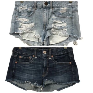 American Eagle Booty Shorts Jean Cut Off Frayed Distressed Size 4 Lot Of 2 - Picture 1 of 8