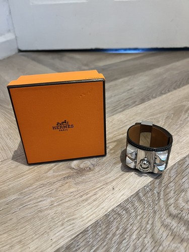 HERMÈS Hermes Collier De Chien Stampa Alligatore Nero Opaco Argento Ferramenta Taglia S