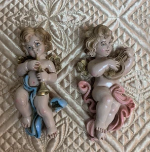 Set of 2 Cherub Angel Angels Mandolin Trumpet Wall Hanging or Heavy Ornament - Picture 1 of 5