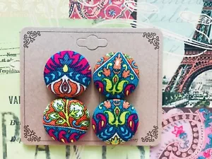 Set of 4 Beautiful Handmade Fabric Covered Buttons, Sewing Fashion Jackets Quilt - Picture 1 of 2