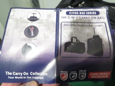 2 in 1 Cabin Luggage Carry On Bag Case Black Wheels & Extendable Handle - Image 1 of 4