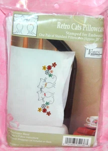 New Tobin Retro Cats Pair of Pillowcases Stamped for Embroidery Flowers Kitty - Picture 1 of 3