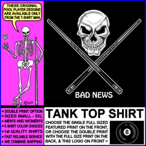 Bad News Skull and Crossed Queue Sticks 8 Ball Billard Pool Player Tank Top - Bild 1 von 24