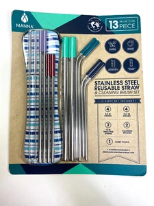 Manna Stainless Steel Reusuable Straws 13 Piece Set with Cleaning Brushes NEW - Picture 1 of 7