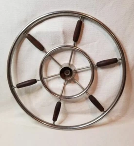 VINTAGE 22" ~ EDELSTAHL UND TEAK ~ BOOTSLENKRAD ~ 3/4" MITTELWELLE - Bild 1 von 19