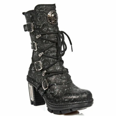 New Rock NEOTR005-S25 Vintage Floral Black Gothic Rock Punk Ladies Leather Boots - Image 1 of 4