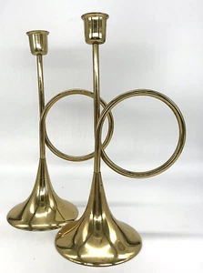 2 Set Vtg Hampton Brass Horn Candle Holders Trumpet Music Candlesticks India 10" - Picture 1 of 10