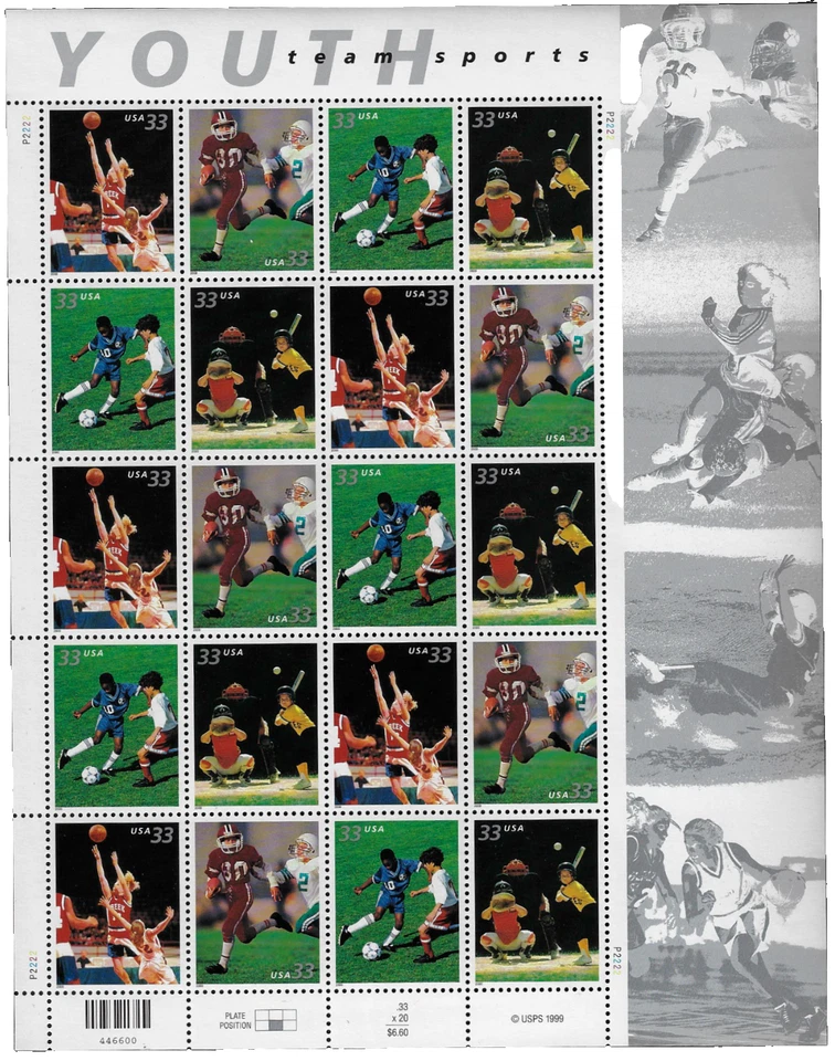 US Stamps Pane Of 20, Youth Team Sports, #3399-3402 MNH Lot: 1133 - Image 1 of 1