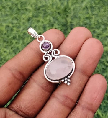 Colgante de cumpleaños de cuarzo rosa y piedra amatista de plata de ley 925 SD44 Foto 1 de 4