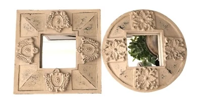 2pc Shabby Chic 6” x 6” Resin Wall Mirrors Distressed Ivory Square+Round Country - Image 1 of 4